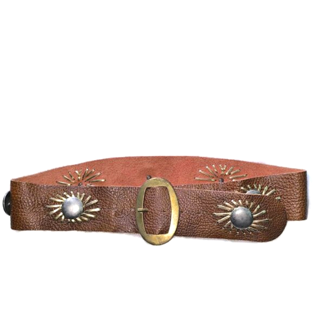 Wide Brown Genuine Leather Metal And Embroidered Sun Details Belt